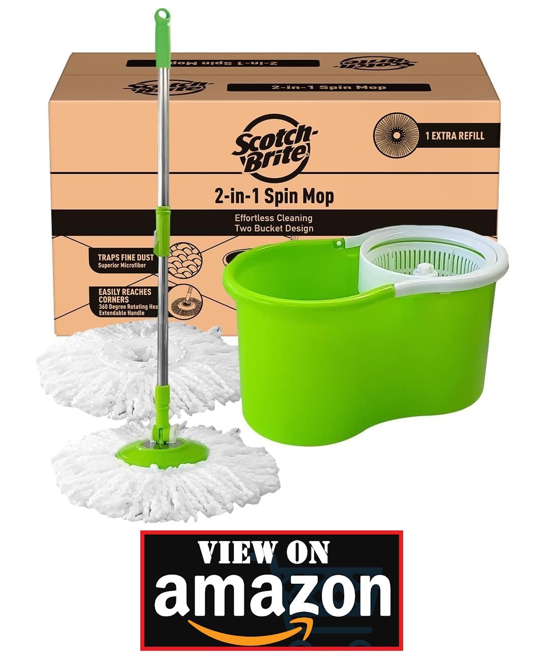 Scotch-Brite 2-in-1 Bucket Spin Mop (Green, 2 Refills), 4 Pcs